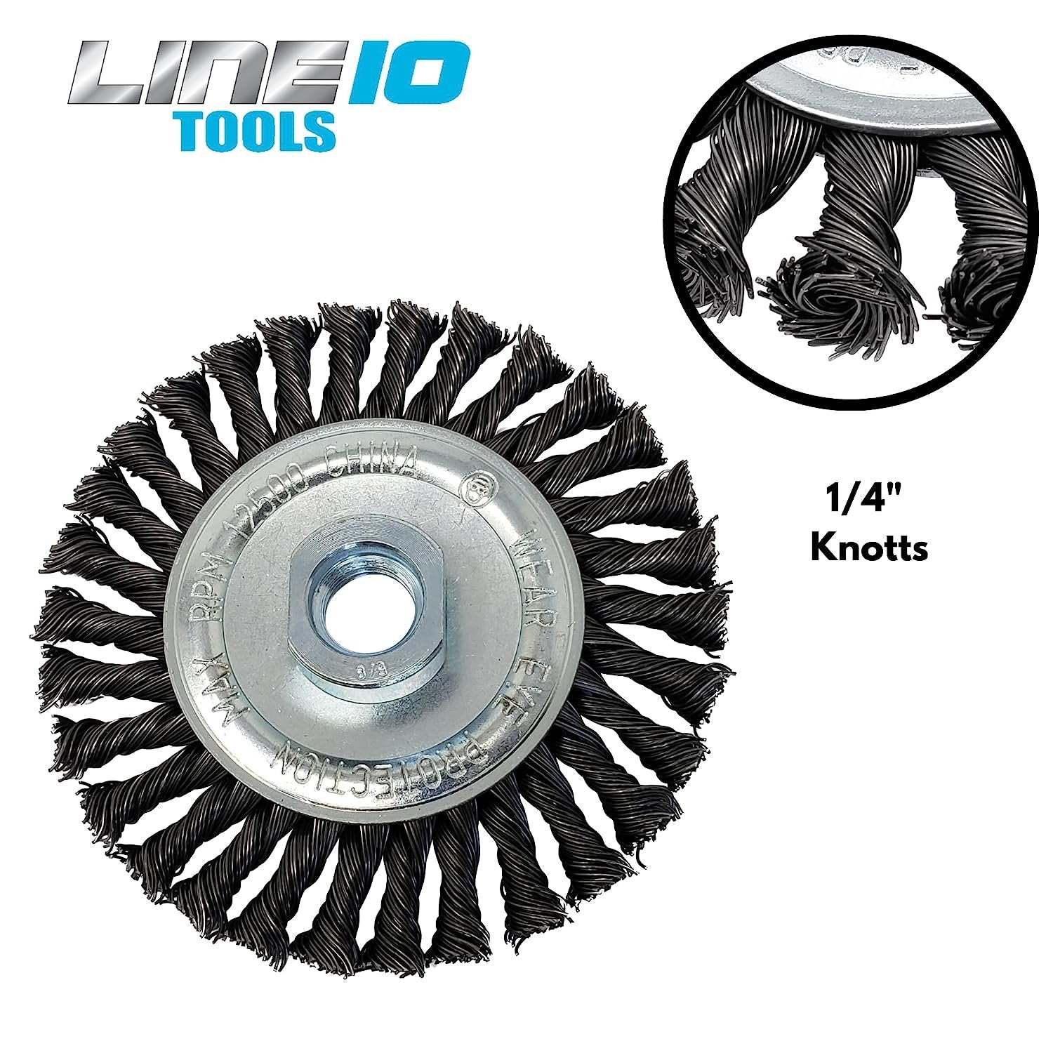 LINE10 Tools 4pk 4-Inch Knotted Circular Wire Wheel Brush for Angle Grinder, 1/4-inch Thick, for Heavy Duty Rust Cleaning Stripping