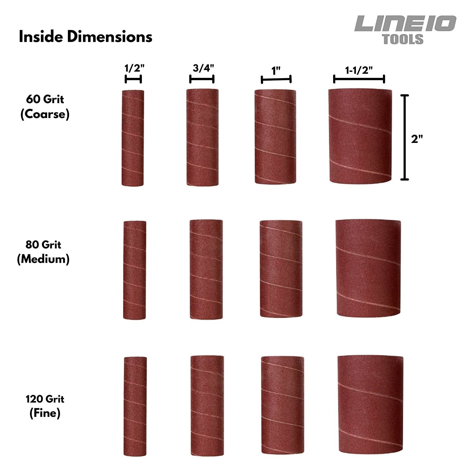 LINE10 Tools 12 Pack Spindle Sanding Sleeves, 2 Inch Long, 60, 80 and 120 Grit