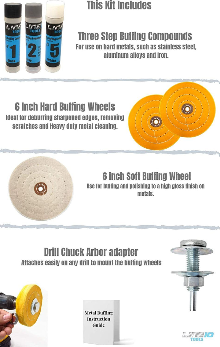 6-Inch Buffing Polishing Wheel Kit for Bench Grinder and Drill, 3-Step Metal Buff Compound, Aluminum, Chrome, Stainless Steel Buffer Drill Adapter Auto Rim Trim Golf Club Restoration
