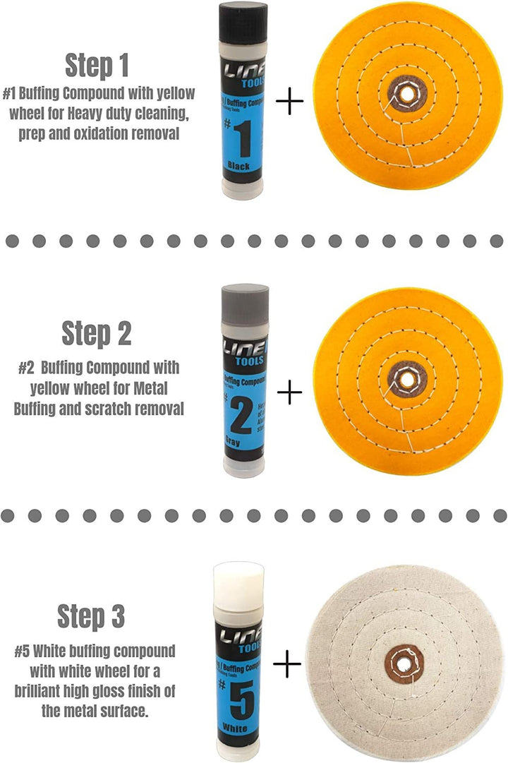 6-Inch Buffing Polishing Wheel Kit for Bench Grinder and Drill, 3-Step Metal Buff Compound, Aluminum, Chrome, Stainless Steel Buffer Drill Adapter Auto Rim Trim Golf Club Restoration