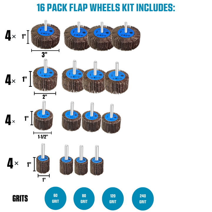 16pk Flap Wheel Sanding Kit Drill Sander 60, 80, 120, 240 Grit Brush, 1/4" Shank, Abrasive Flapper Sander for Contours, Holes