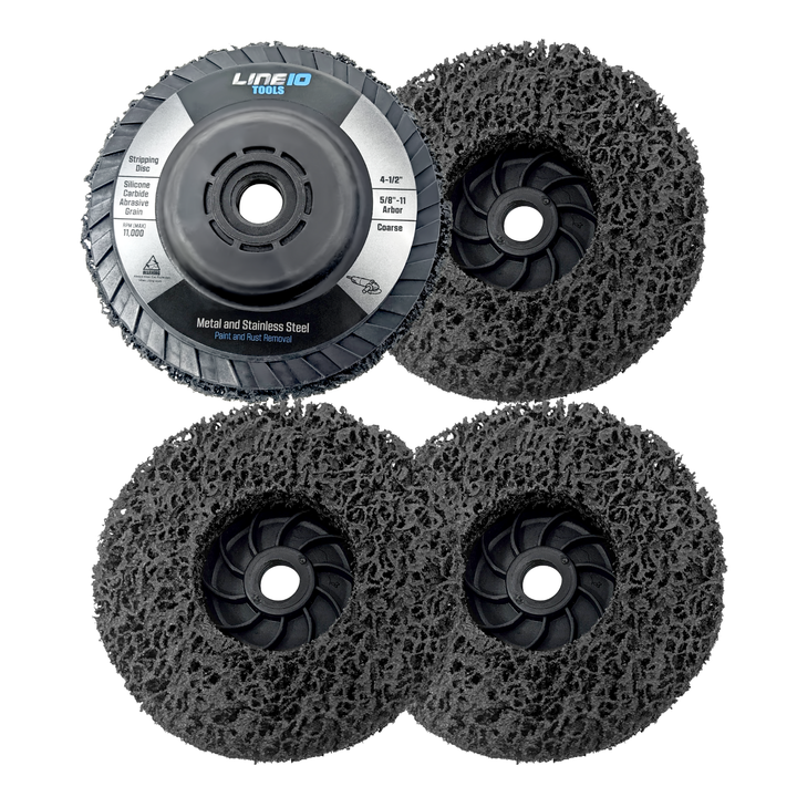 Paquete de 4 discos peladores de carburo de silicona negro de 4-1/2" con ejes roscados de 5/8-11 para amoladoras angulares