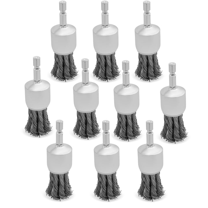 1" Knotted Wire End Brush for Drill 1/4" Hex Shank Attachment Set,  Pack of 10