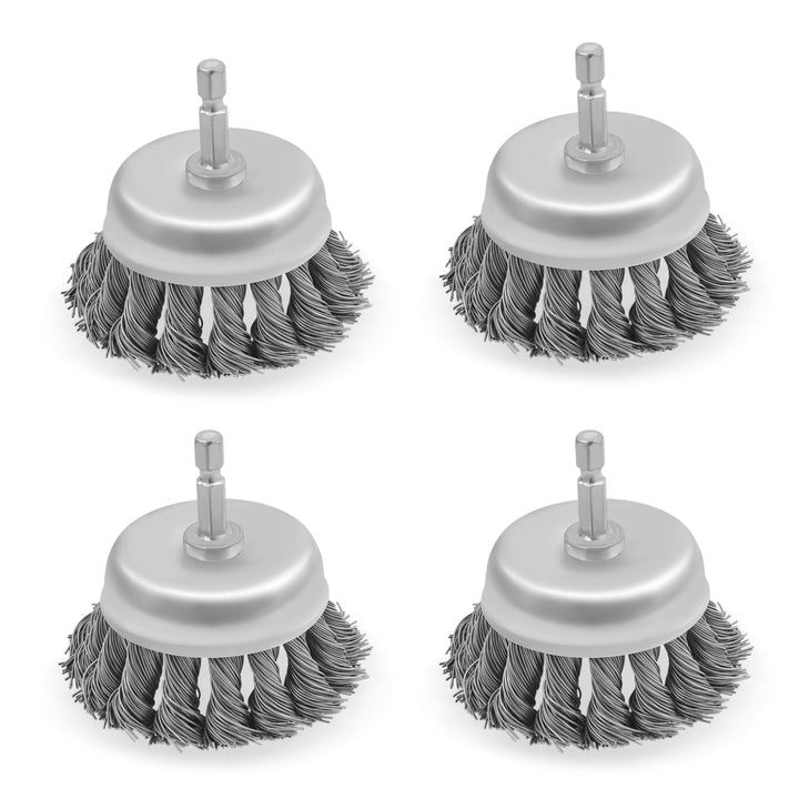 3" Knotted Wire Cup Brush for Drill, 1/4" Hex Shank, Pack of 4