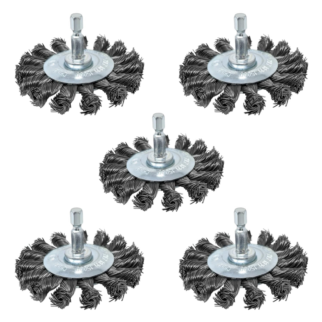 3" Knotted Wire Brush for Drill Set, 1/4" Hex Shank, Pack of 5