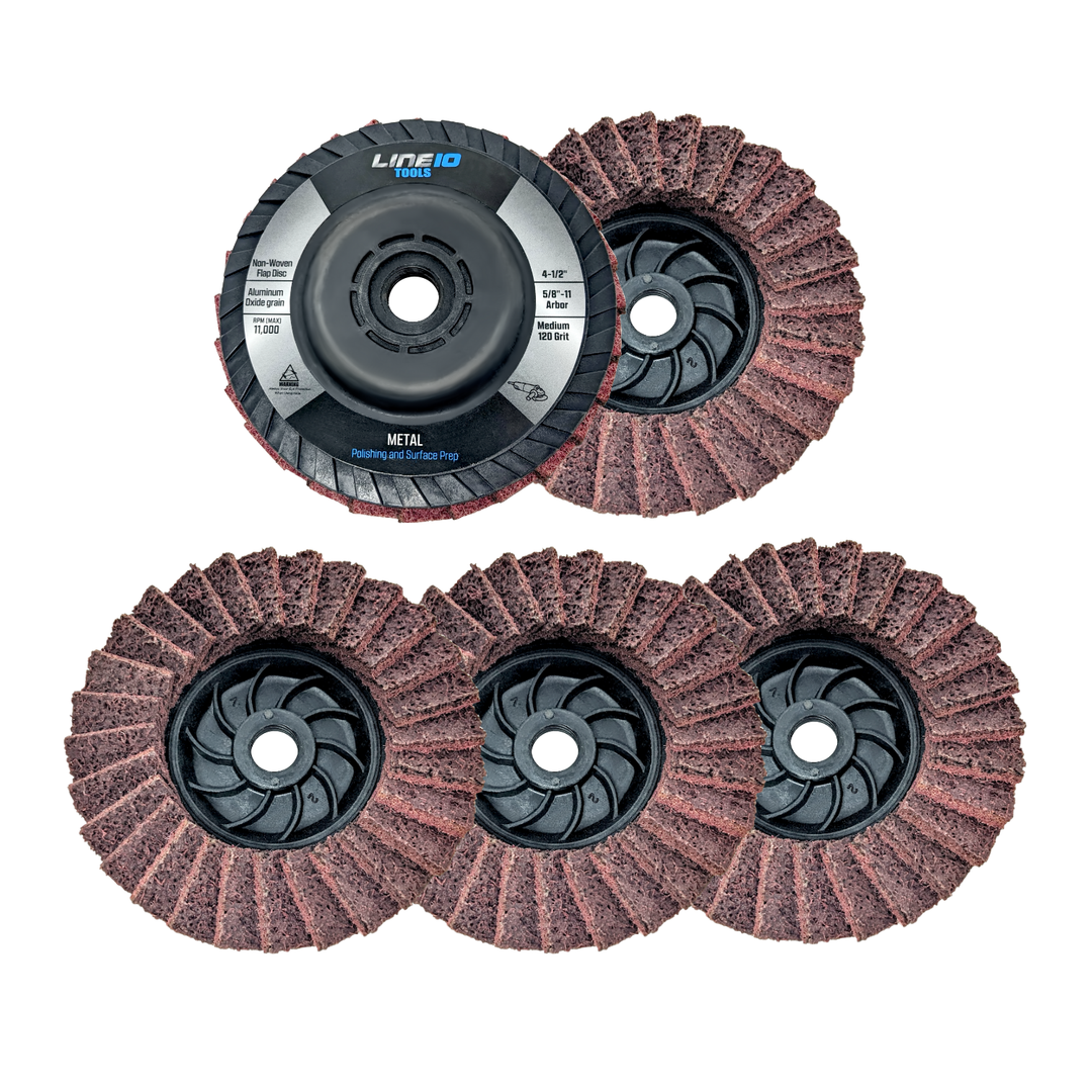 Paquete de 5 discos de láminas abrasivos rojos no tejidos de 4-1/2" con eje roscado de 5/8-11 para amoladora angular