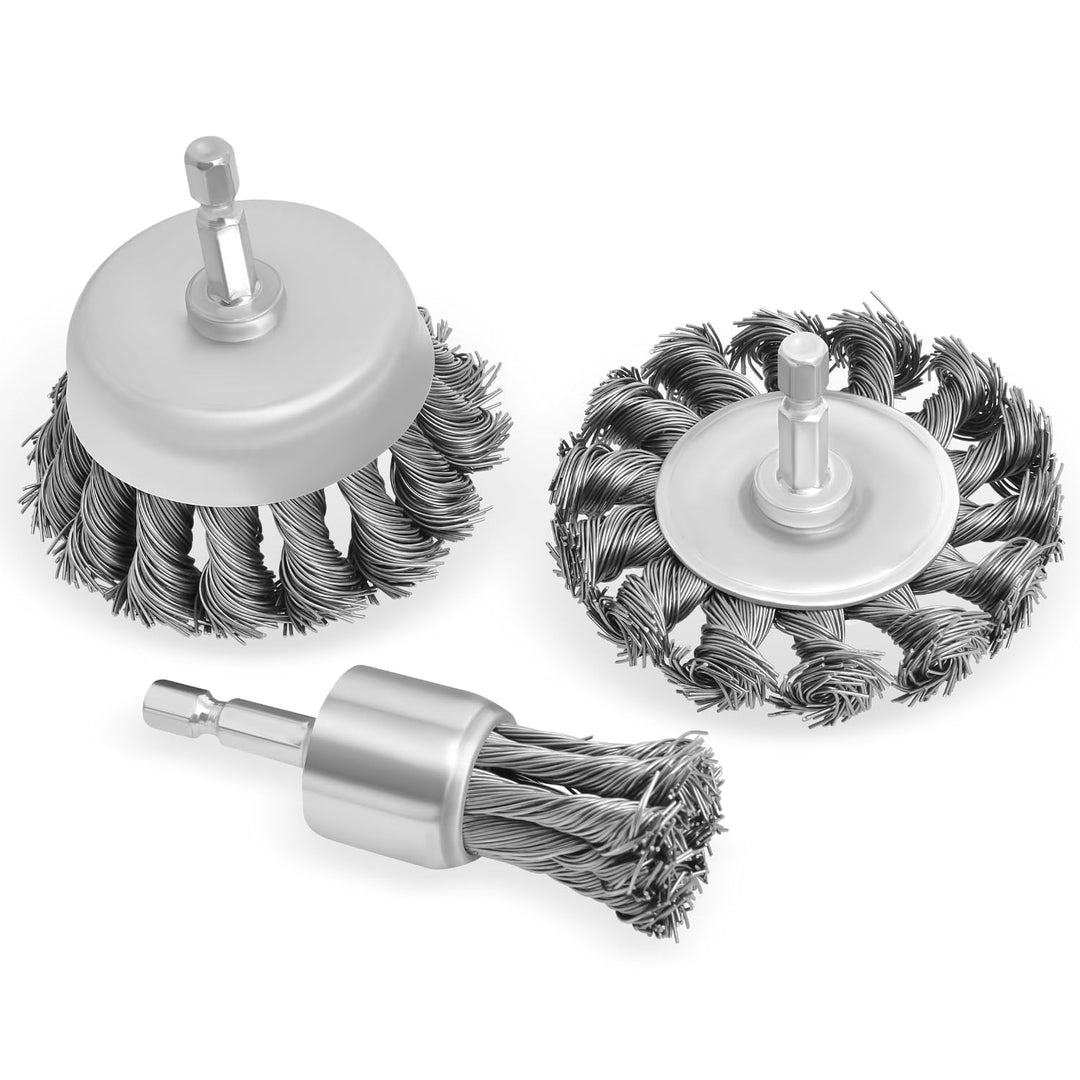 3-inch Knotted Drill Wire Brush Set, 3 Pack w Hex Shank, Fits Impact Drivers