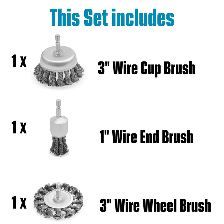 3-inch Knotted Drill Wire Brush Set, 3 Pack w Hex Shank, Fits Impact Drivers