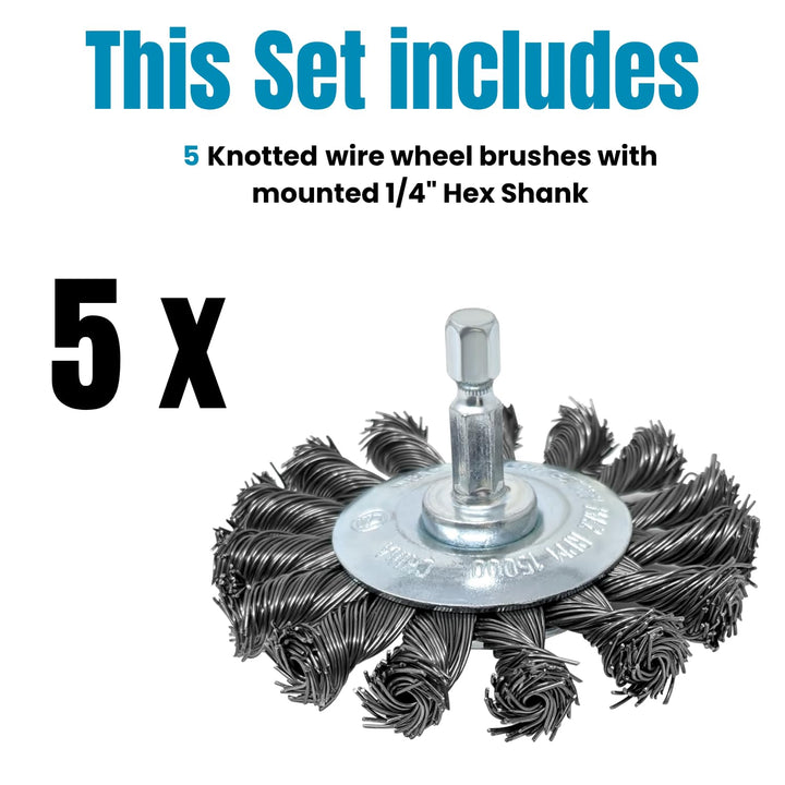 3" Knotted Wire Brush for Drill Set, 1/4" Hex Shank, Pack of 5
