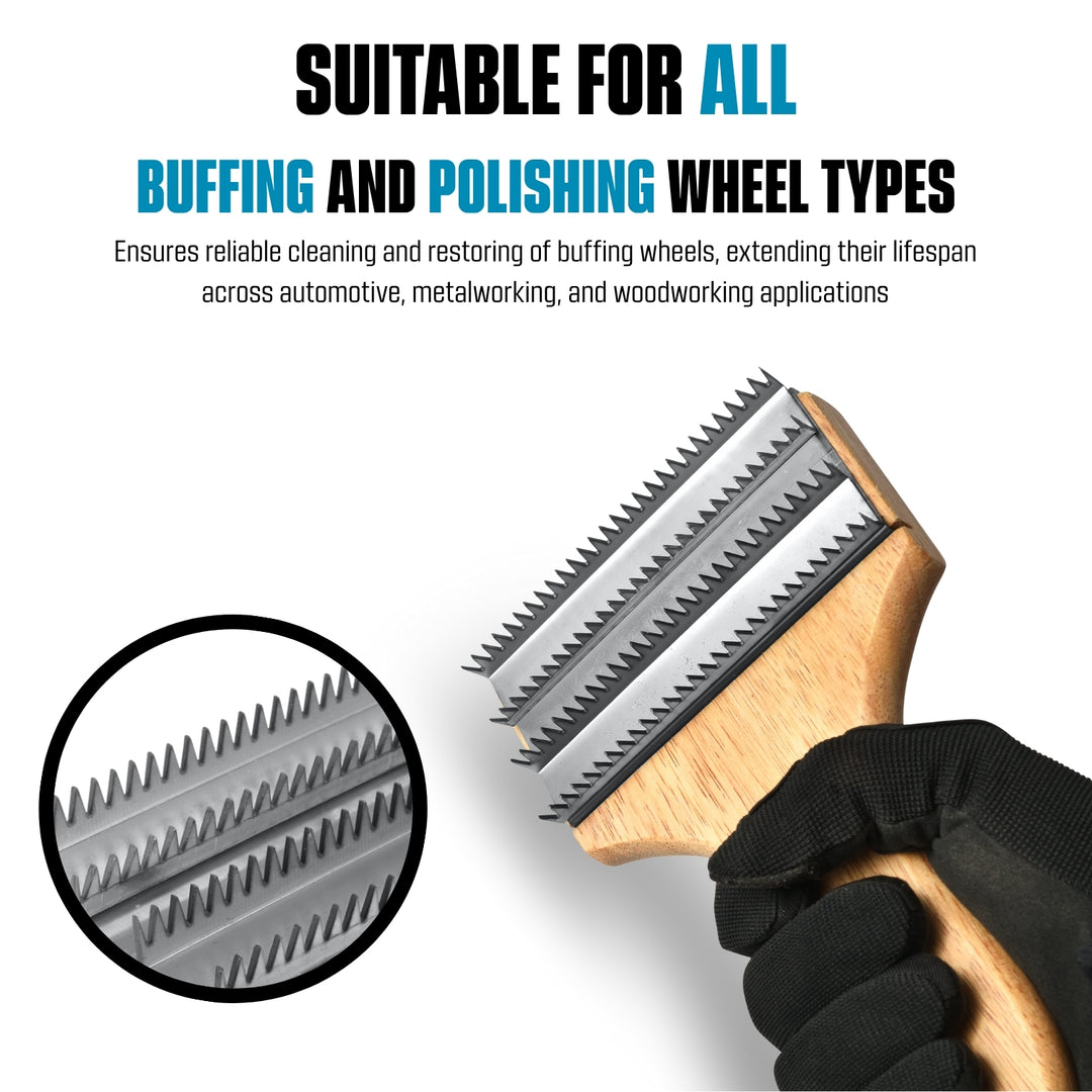 Compact Buffing Wheel Rake for Cleaning and Restoring Buffing Wheels - Beechwood Handle and Stainless Steel Rake, Designed for One-Handed Operation