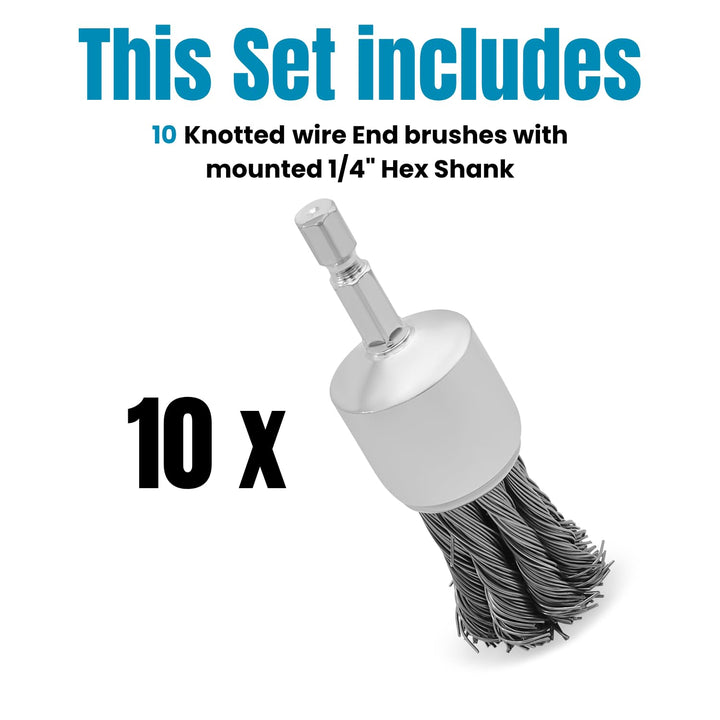 1" Knotted Wire End Brush for Drill 1/4" Hex Shank Attachment Set,  Pack of 10