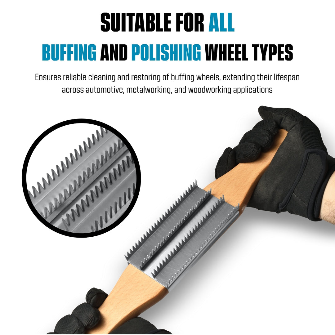 Buffing Wheel Rake for Cleaning and Restoring Buffing Wheels - Long Handle with Beech Wood and Stainless Steel Rake, Designed for Two-Handed Operation