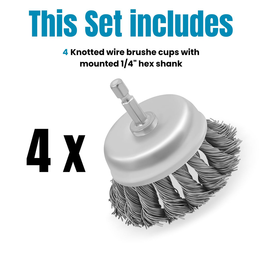 3" Knotted Wire Cup Brush for Drill, 1/4" Hex Shank, Pack of 4
