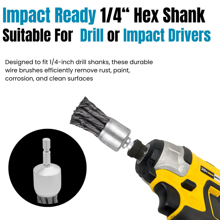 1" Knotted Wire End Brush for Drill 1/4" Hex Shank Attachment Set,  Pack of 10