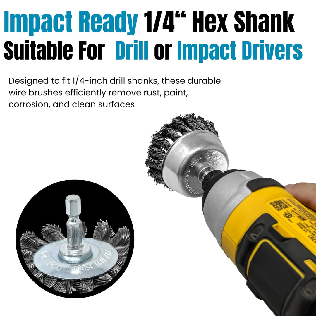 3-inch Knotted Drill Wire Brush Set, 3 Pack w Hex Shank, Fits Impact Drivers