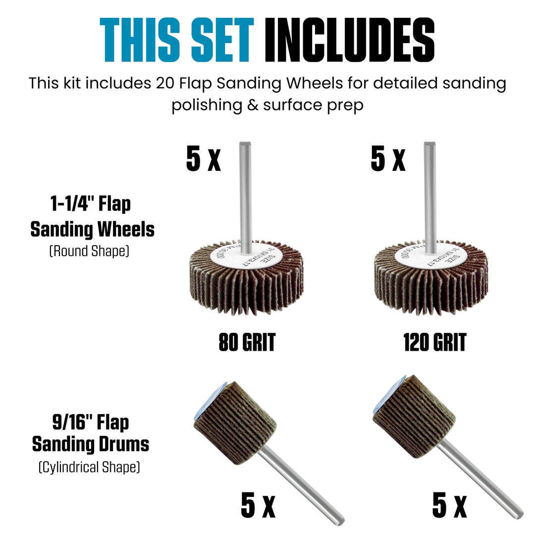 Mini Flap Sanding Wheel Rotary Tool Accessories Kit, 1/8-inch Shank, Pack of 20