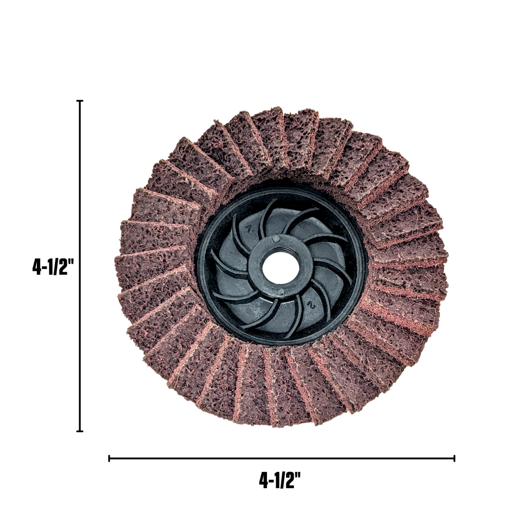 Paquete de 5 discos de láminas abrasivos rojos no tejidos de 4-1/2" con eje roscado de 5/8-11 para amoladora angular
