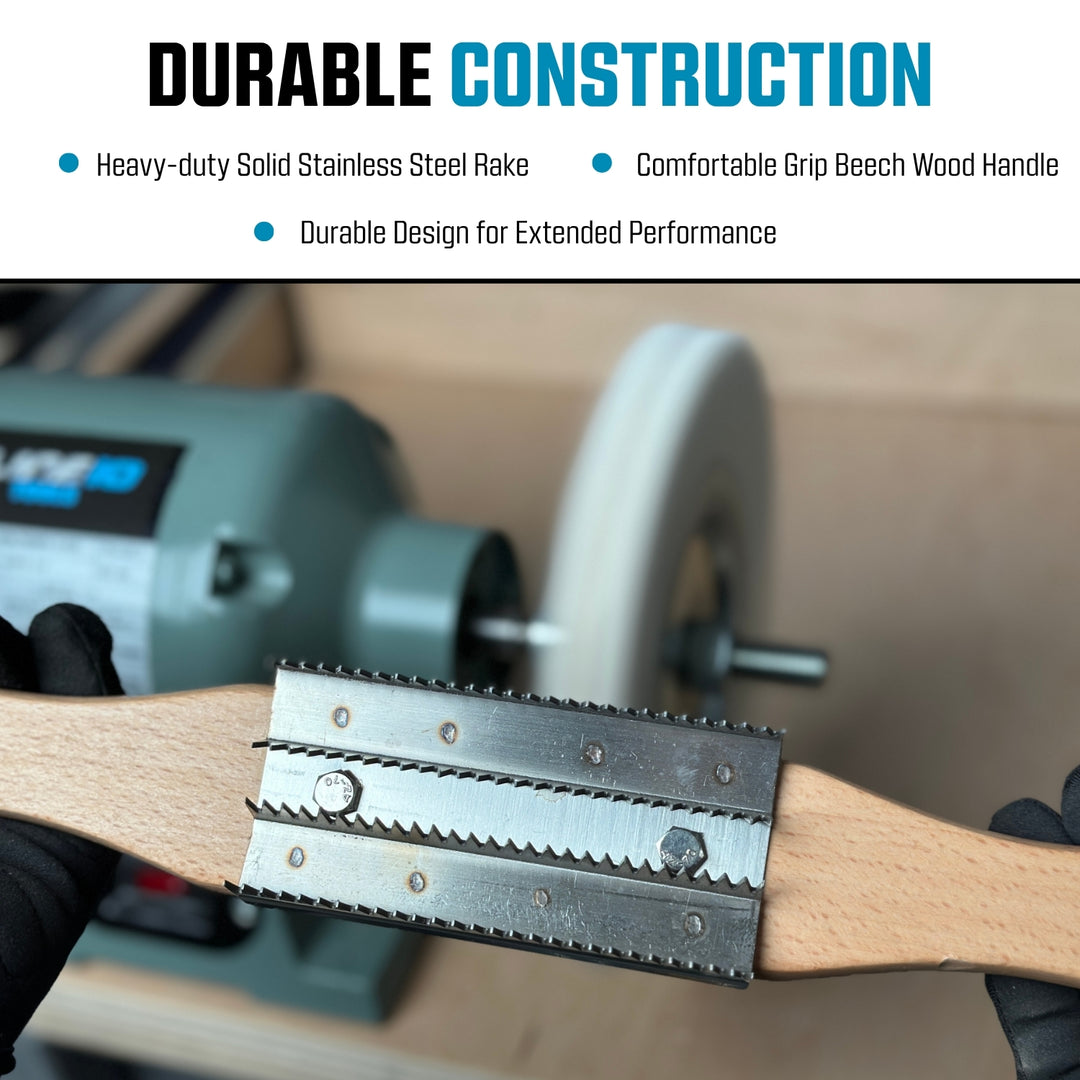 Buffing Wheel Rake for Cleaning and Restoring Buffing Wheels - Long Handle with Beech Wood and Stainless Steel Rake, Designed for Two-Handed Operation