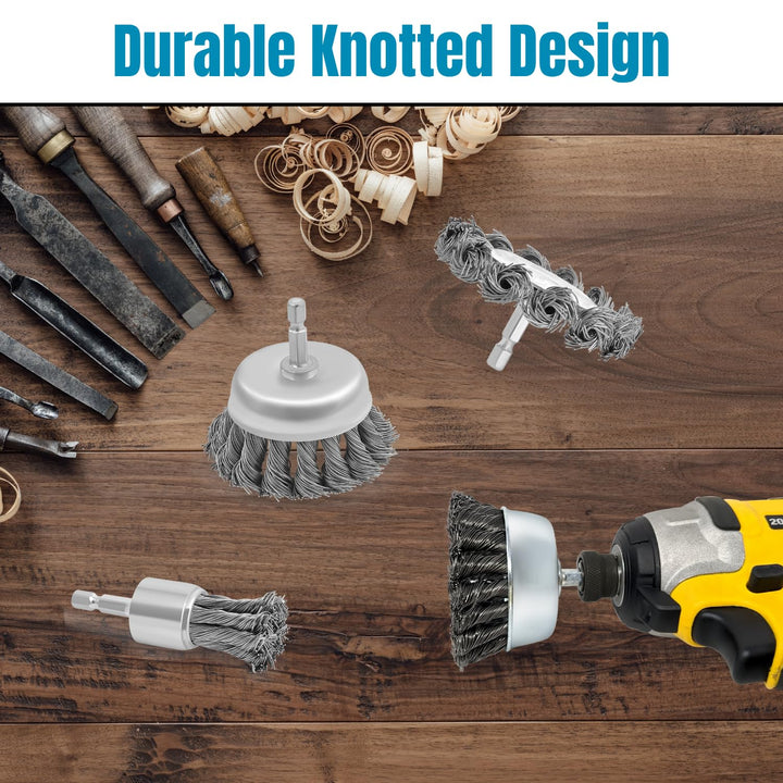 3" Knotted Wire Cup Brush for Drill, 1/4" Hex Shank, Pack of 4