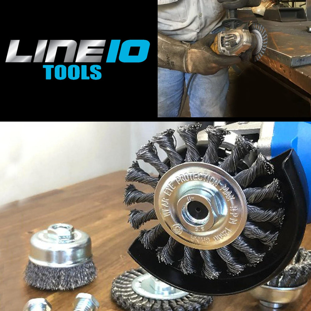 LINE10 Tools - Juego de 4 cepillos de rueda de alambre circular anudado de 4 pulgadas para amoladora angular, 1/4 de pulgada de grosor, para limpieza de óxido de alta resistencia