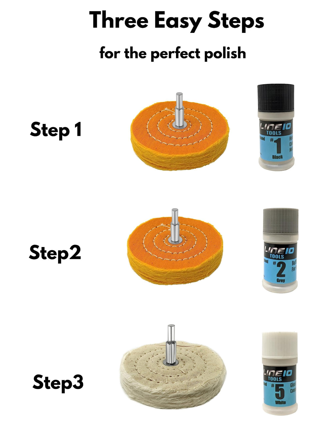 Metal Buffing Polishing Kit for Drill 4" Buffing Wheels, 3-Step Polishing Compound for Aluminum, Chrome, Stainless Steel, Perfect for Auto Wheel, Rim, Trim, Jewelry, Golf Club Restoration