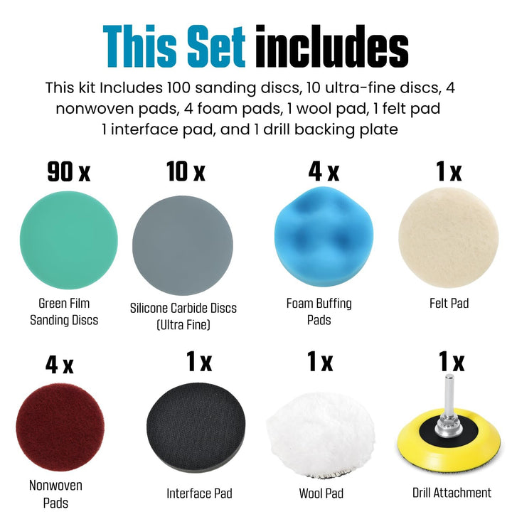 3" Polishing Kit for Drill Wet Sanding Car Headlight Restoration Kit with Sandpaper Discs, Foam & Wool Buffing Pads