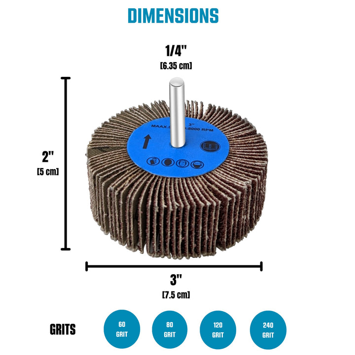 Kit de 3 roues abrasives à lamelles pour perceuse, montées sur tige de 1/4 de pouce