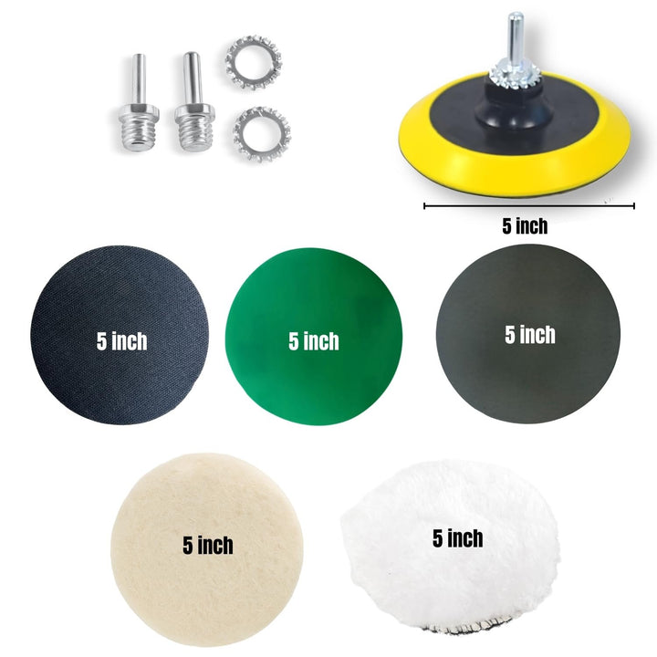 5"  Glass Epoxy Resin Plastics Sanding Polishing Kit for Drill or Orbital Sander Polisher or Angle Grinder with Hook and Loop Backing Plate Wool Felt Buffing Pads Green Film Wet Dry Sandpaper