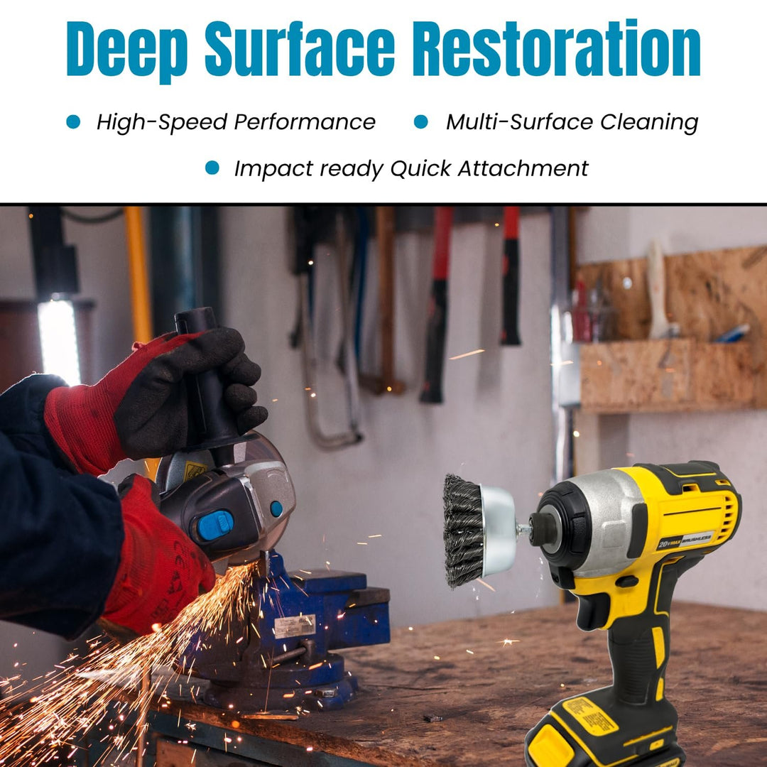 4pk 3" Knotted Wire Cup Brush for Drill, 1/4" Hex Shank