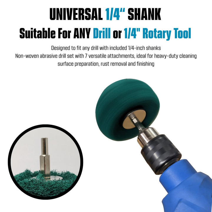 Tampons de forage abrasifs non tissés 7 pièces, montés sur tige de 1/4 de pouce - Vert - Moyen
