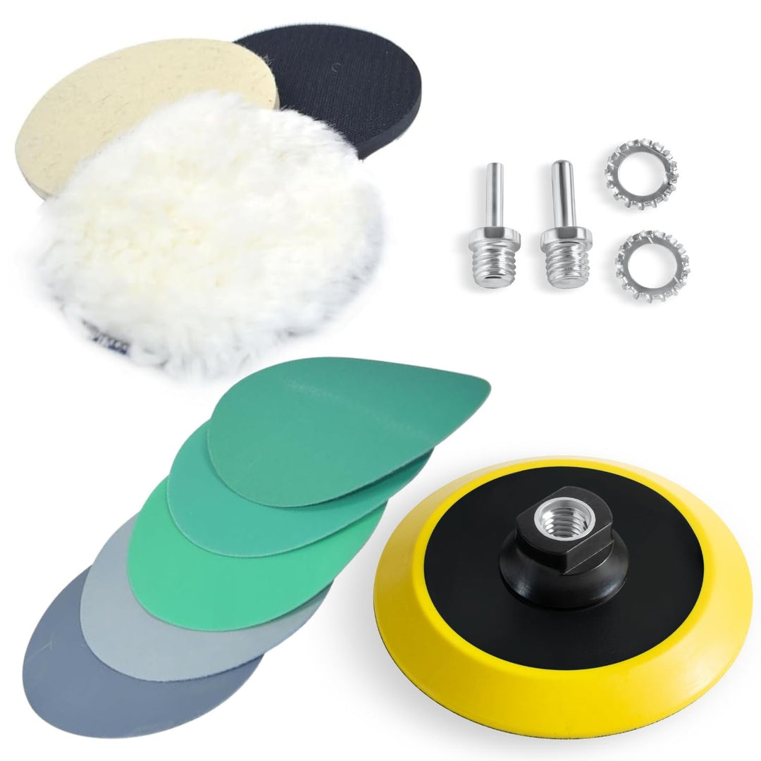 5"  Glass Epoxy Resin Plastics Sanding Polishing Kit for Drill or Orbital Sander Polisher or Angle Grinder with Hook and Loop Backing Plate Wool Felt Buffing Pads Green Film Wet Dry Sandpaper