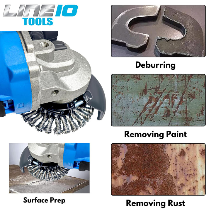 LINE10 Tools - Juego de 4 cepillos de rueda de alambre circular anudado de 4 pulgadas para amoladora angular, 1/4 de pulgada de grosor, para limpieza de óxido de alta resistencia