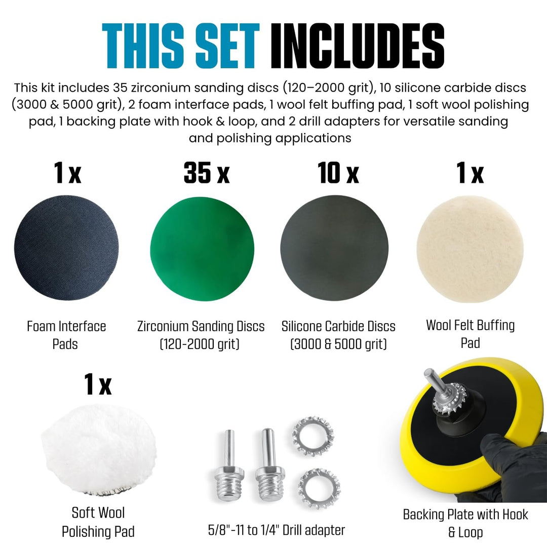 5"  Glass Epoxy Resin Plastics Sanding Polishing Kit for Drill or Orbital Sander Polisher or Angle Grinder with Hook and Loop Backing Plate Wool Felt Buffing Pads Green Film Wet Dry Sandpaper