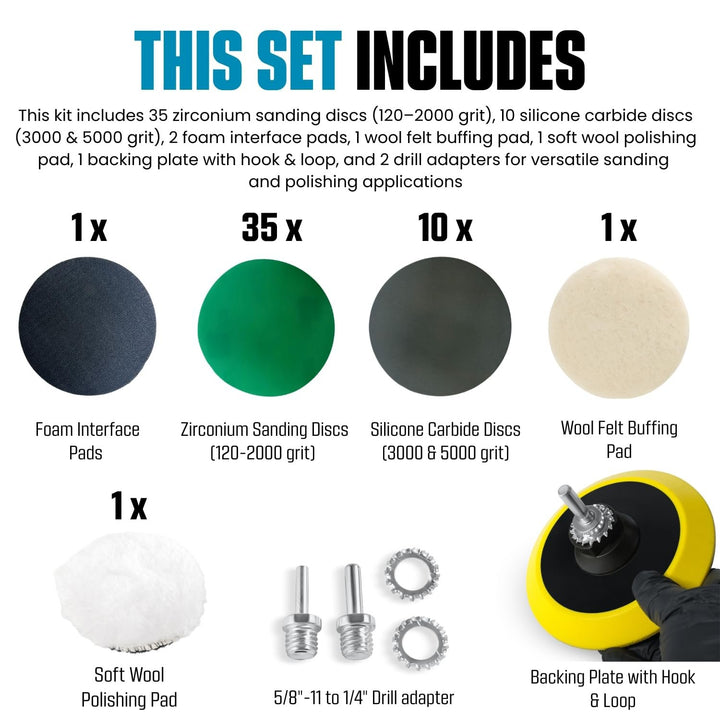 5"  Glass Epoxy Resin Plastics Sanding Polishing Kit for Drill or Orbital Sander Polisher or Angle Grinder with Hook and Loop Backing Plate Wool Felt Buffing Pads Green Film Wet Dry Sandpaper