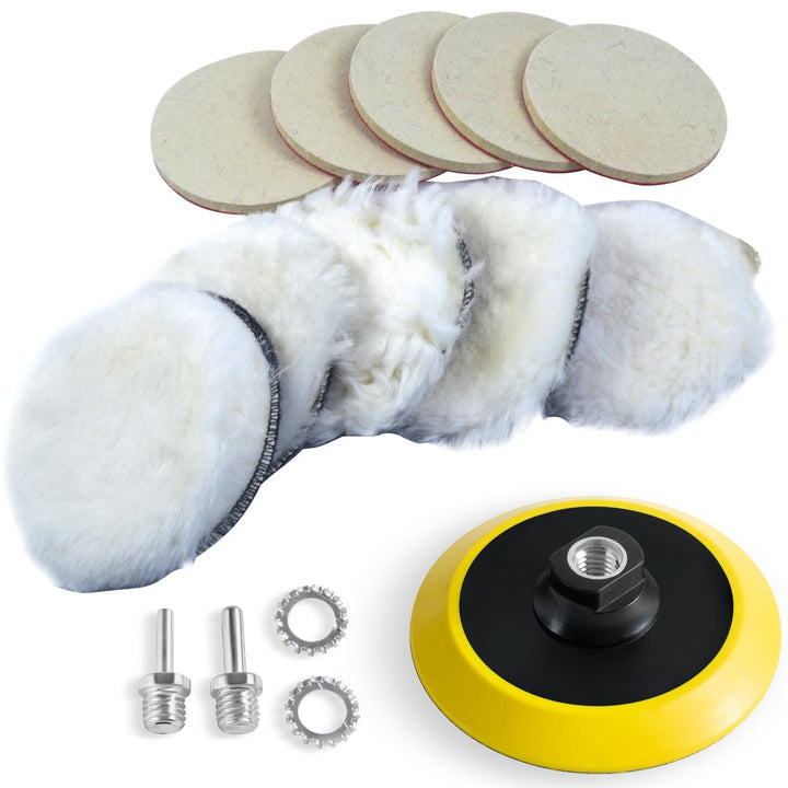 5" Wool Polishing Kit for Drill or Angle Grinder - Includes Wool Pads, Soft Wool Pads, Hook and Loop Pads