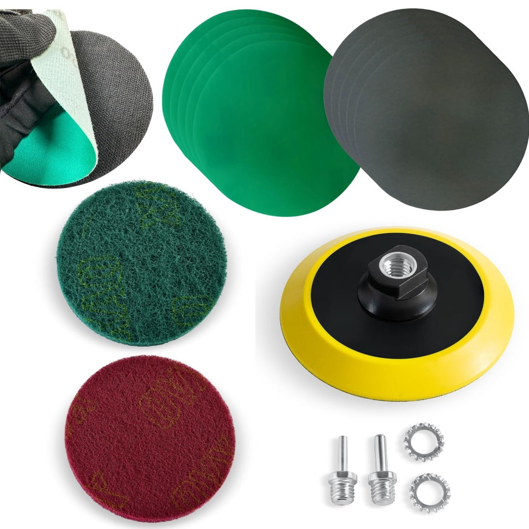 5-Inch Wet Sanding Disc Kit Assortment Pack for Drill or Angle Grinder, Film Backing Fine Wet Dry Sandpaper, 80 to 5000 Grit, Non-Woven Pads, Foam Pad 1/4" Shank Drill Grinder Adapter