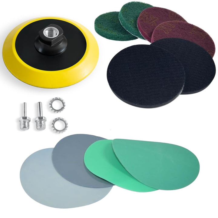 5-Inch Wet Sanding Disc Kit Assortment Pack for Drill or Angle Grinder, Film Backing Fine Wet Dry Sandpaper, 80 to 5000 Grit, Non-Woven Pads, Foam Pad 1/4" Shank Drill Grinder Adapter