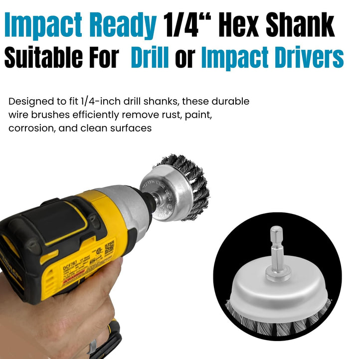 4pk 3" Knotted Wire Cup Brush for Drill, 1/4" Hex Shank