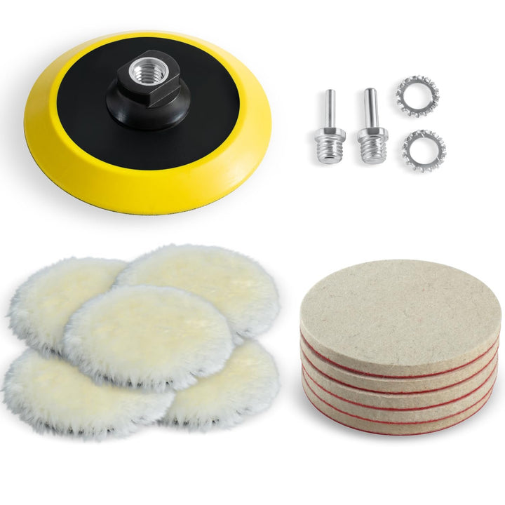 5" Wool Polishing Kit for Drill or Angle Grinder - Includes Wool Pads, Soft Wool Pads, Hook and Loop Pads