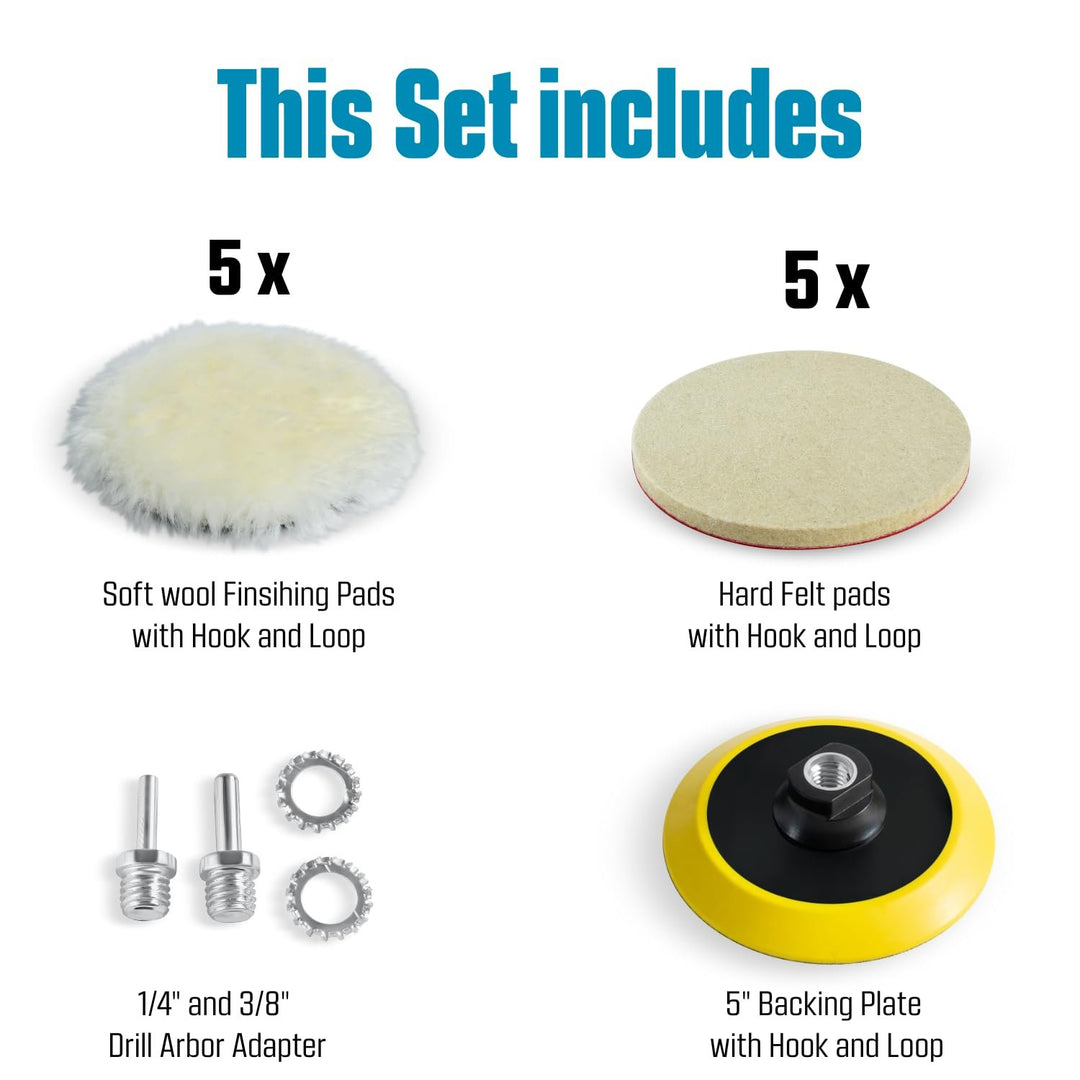 5" Wool Polishing Kit for Drill or Angle Grinder - Includes Wool Pads, Soft Wool Pads, Hook and Loop Pads