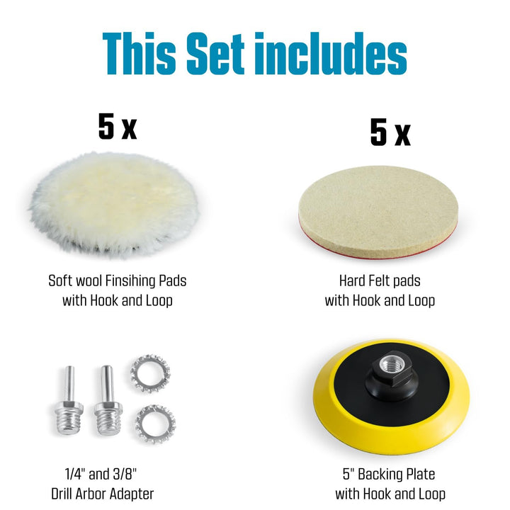 5" Wool Polishing Kit for Drill or Angle Grinder - Includes Wool Pads, Soft Wool Pads, Hook and Loop Pads