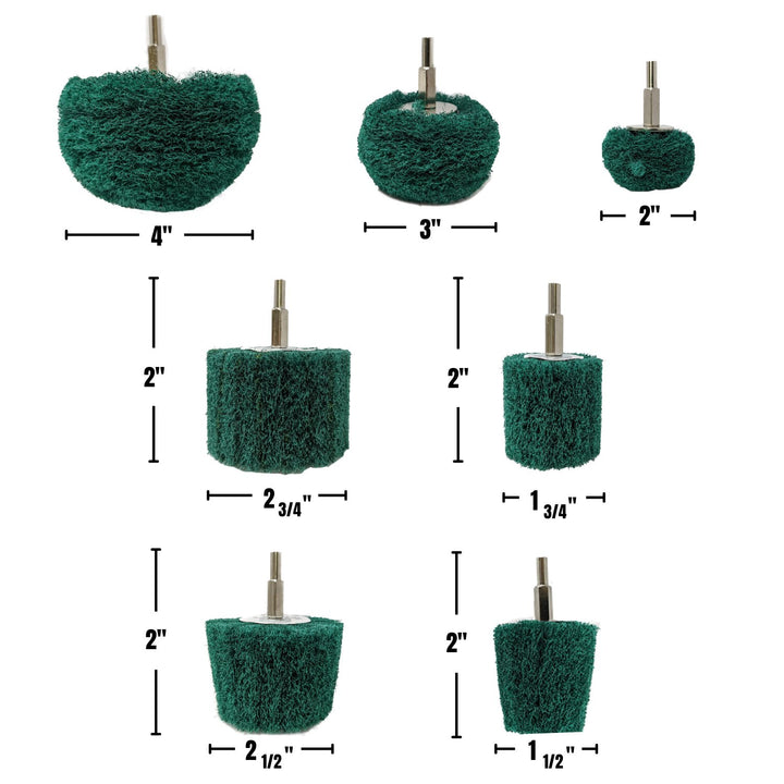 Tampons de forage abrasifs non tissés 7 pièces, montés sur tige de 1/4 de pouce - Vert - Moyen