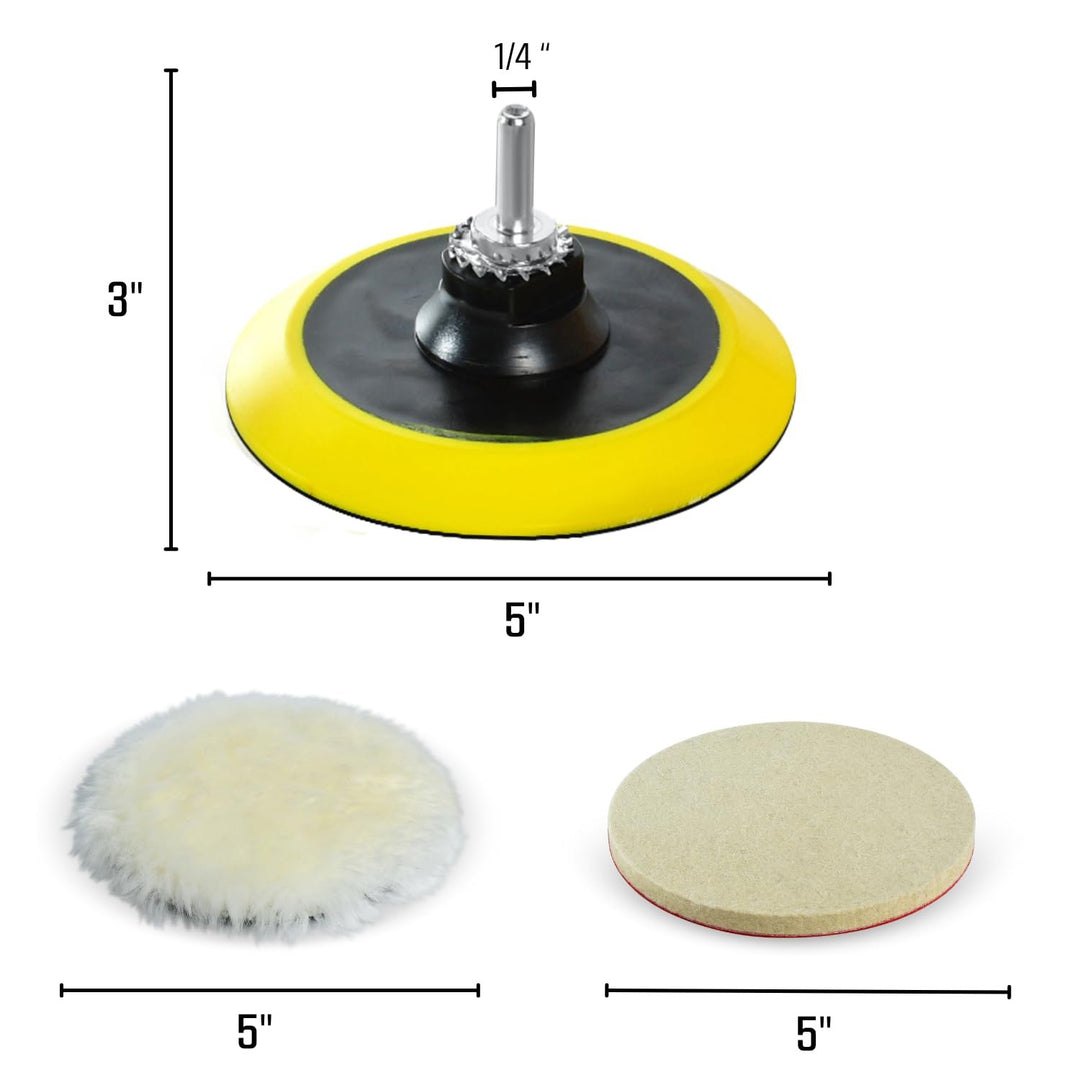 5" Wool Polishing Kit for Drill or Angle Grinder - Includes Wool Pads, Soft Wool Pads, Hook and Loop Pads