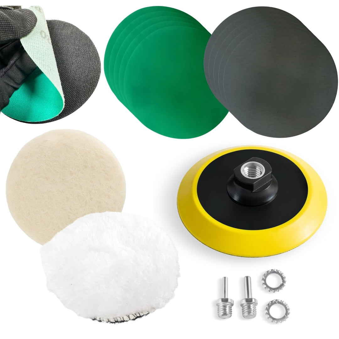5"  Glass Epoxy Resin Plastics Sanding Polishing Kit for Drill or Orbital Sander Polisher or Angle Grinder with Hook and Loop Backing Plate Wool Felt Buffing Pads Green Film Wet Dry Sandpaper