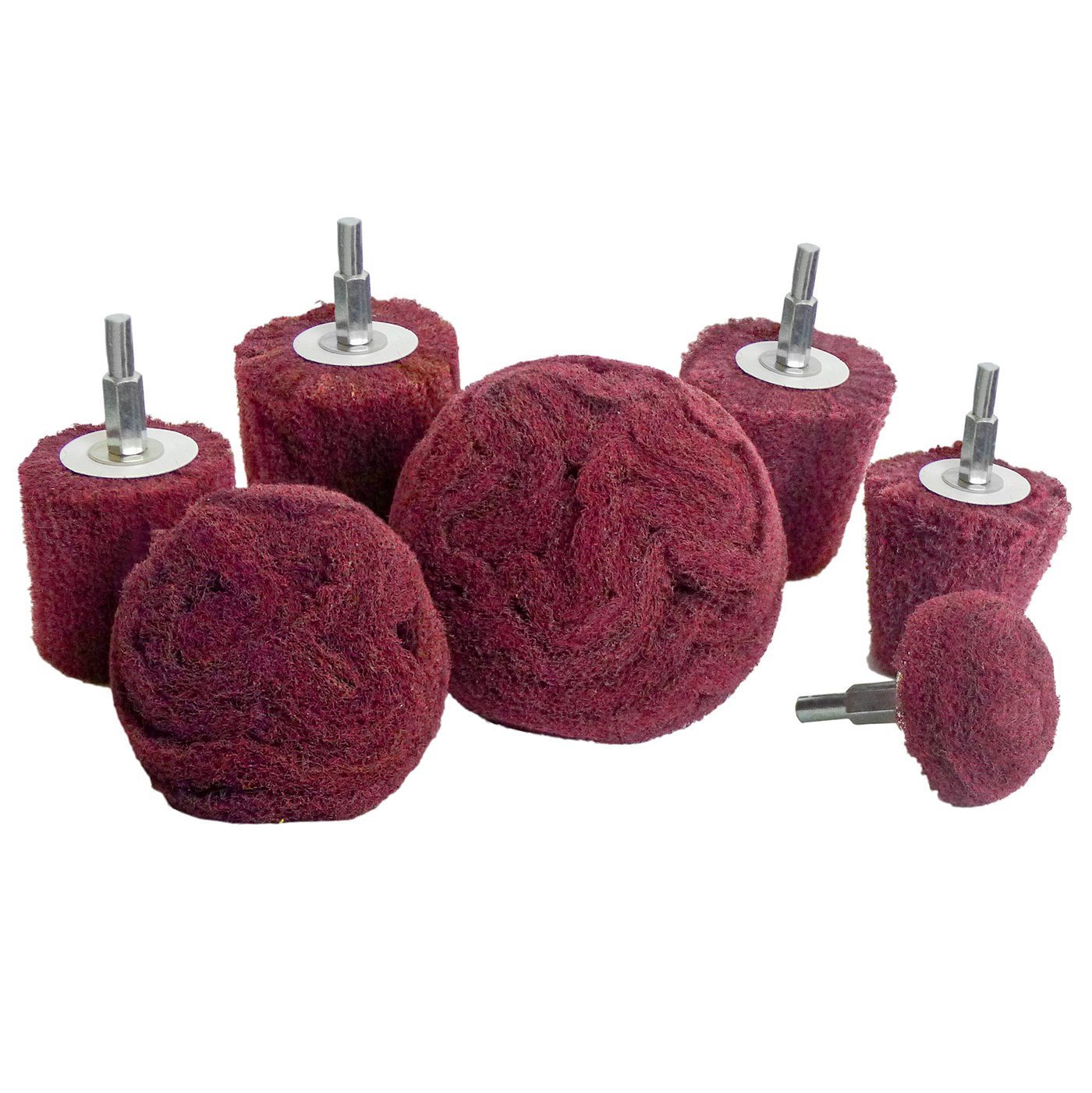 7pc Non-woven Abrasive Drill Buffers, Mounted on 1/4 inch Shank - Red - Fine
