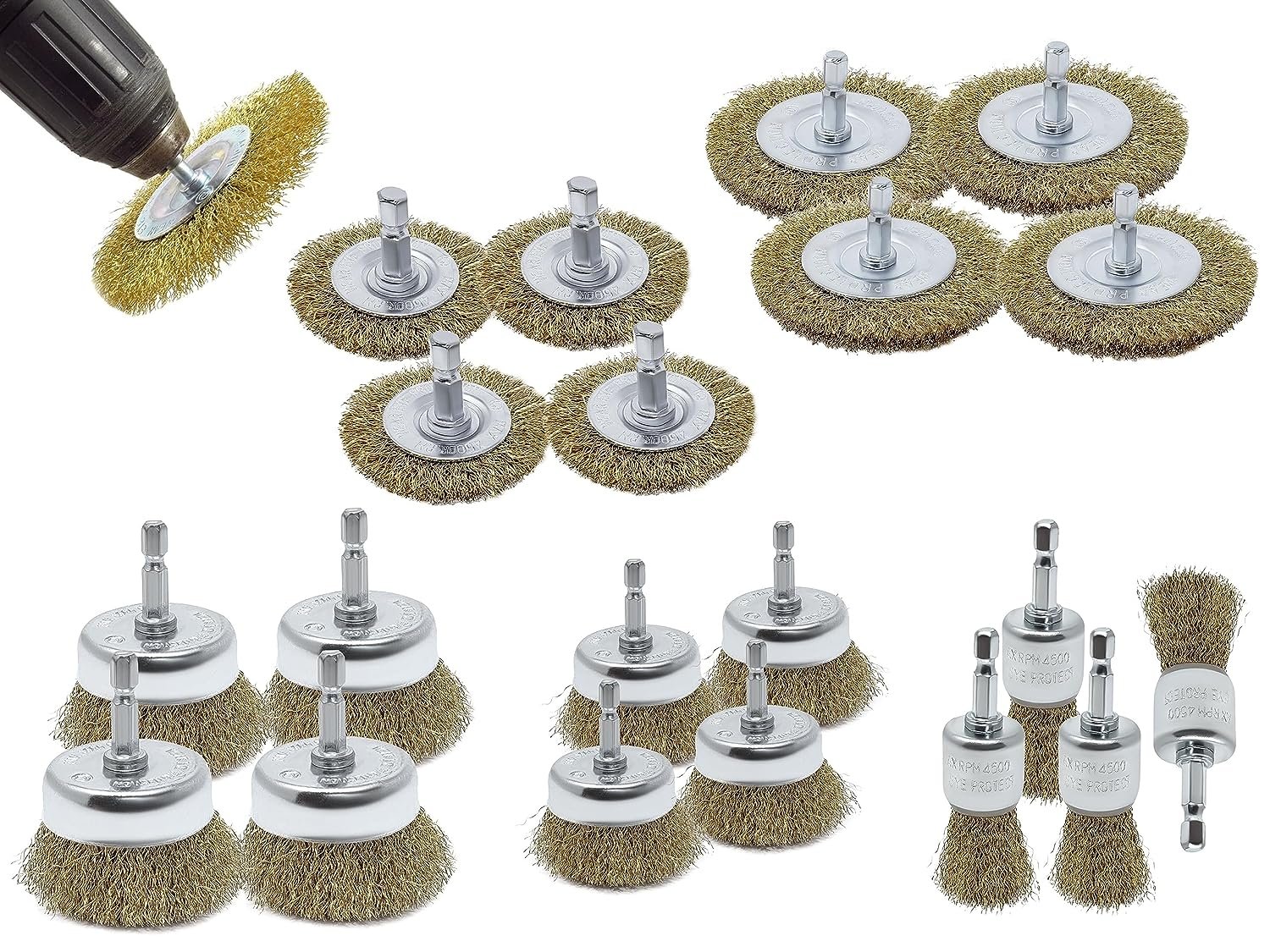 20pk Wire Brush Drill Attachment Set Brass Coated for Cleaning Rust 1/4" Hex Shank Fits Impact Driver