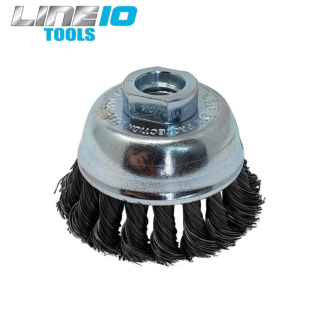 LINE10 Tools 4pk 3-Inch Knotted Wire Cup Brush for Angle Grinder for Heavy Duty Rust Cleaning Stripping