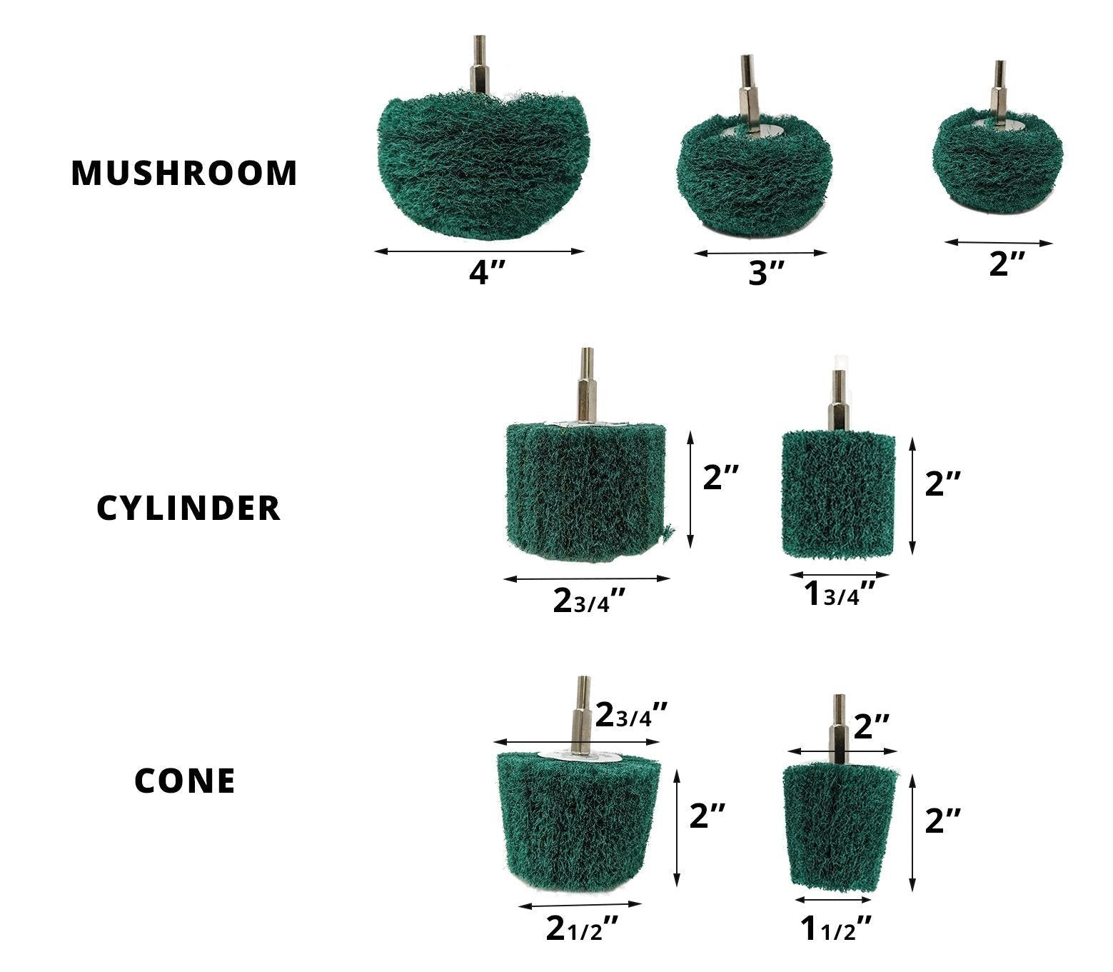 Topes de taladro abrasivos no tejidos de 7 piezas, montados en vástago de 1/4 de pulgada - Verde - Mediano