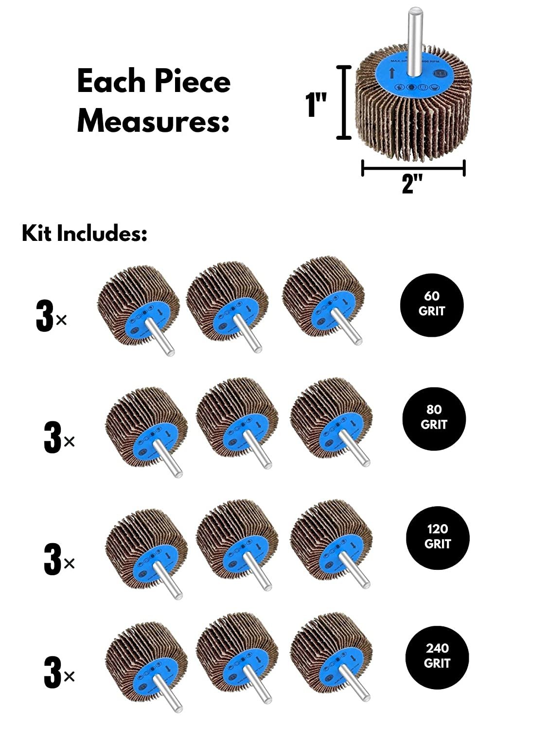 Kit de ruedas de lijado con solapa de 12 piezas para taladro, montadas en vástago de 1/4 de pulgada