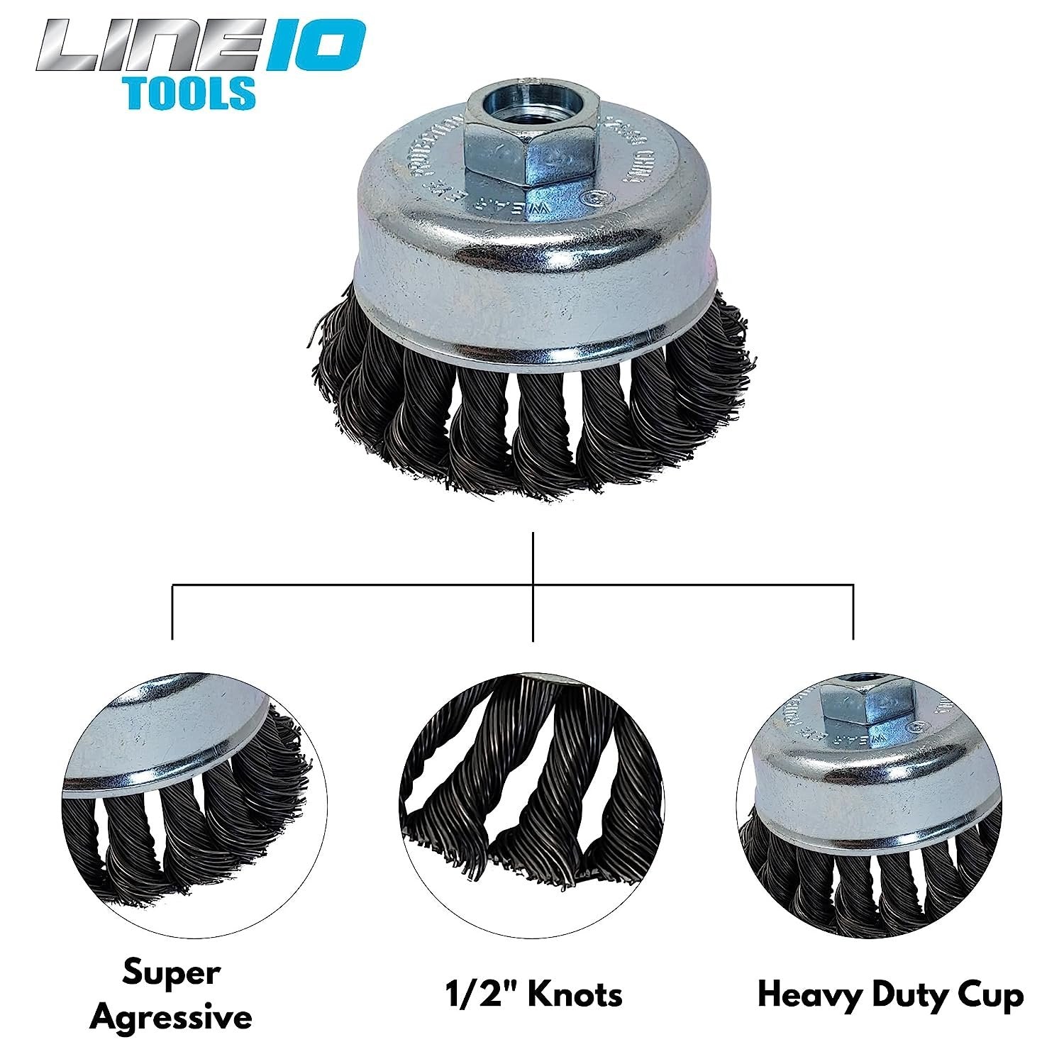 LINE10 Tools 4pk 3-Inch Knotted Wire Cup Brush for Angle Grinder for Heavy Duty Rust Cleaning Stripping